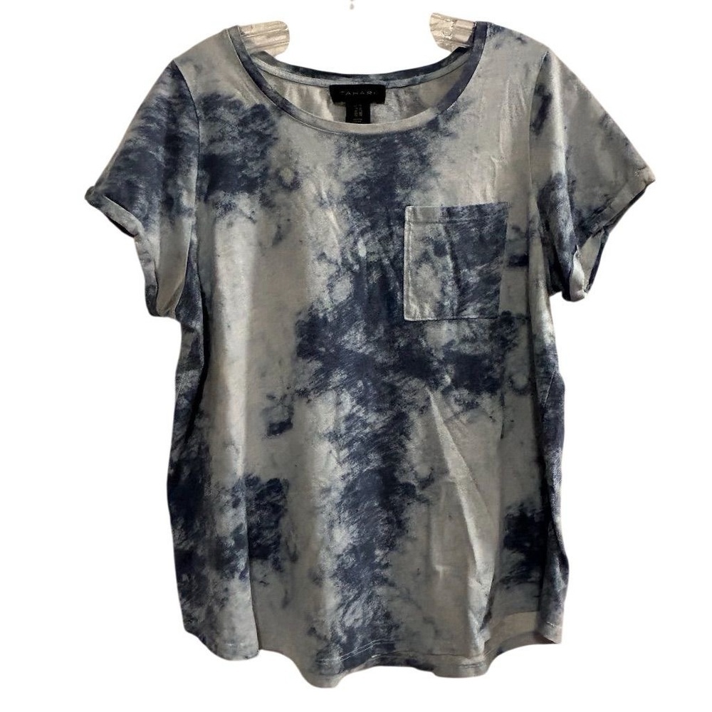 Tahari Women's 1X Blue Tie Dye Short Sleeve Round Neck Pocket Tee